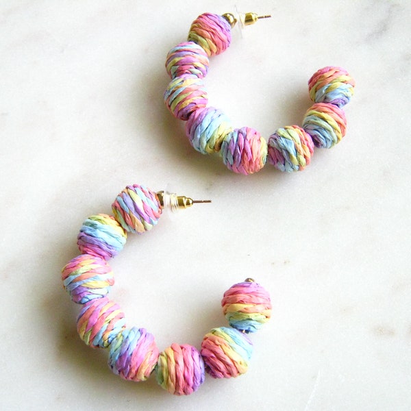 Rainbow raffia ball hoop earrings - Summer earrings, Bohemian earrings, Colorful earrings