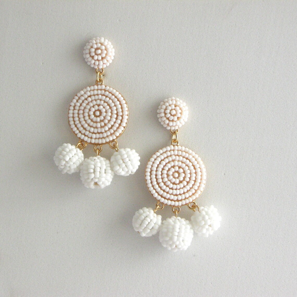 White beaded drop earrings Summer earrings Boho earrings Etsy