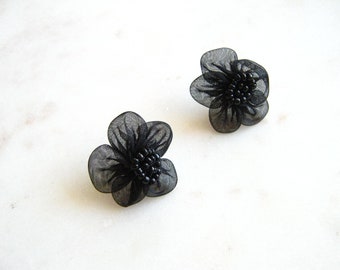 Black fabric and bead flower stud earrings - Bridal earrings,  Floral jewelry, Wedding earrings, Gifts for her