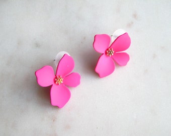Hot pink flower stud earrings - Bridal earrings, Bridesmaid earrings, Floral jewelry, Wedding earrings