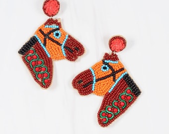 Derby Horse Seed Bead Earrings -   Large statement earrings - Race horses