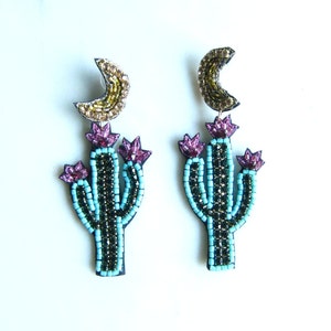 Crescent moon cactus seed bead earrings - Large statement earrings, Boho earrings, Gift for women, Seed beaded earrings