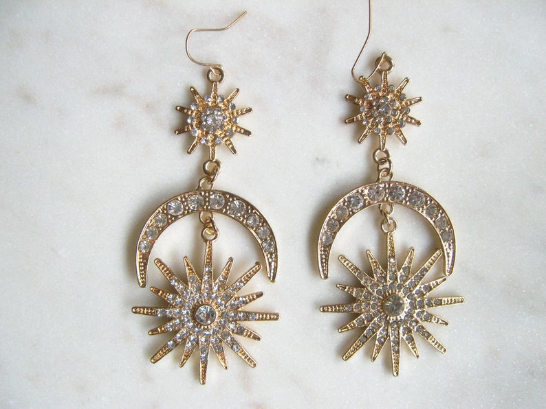 Long drop earrings Bridesmaid earrings Gemstone earrings Moon and Star Crystal Drop Earrings Large statement earrings