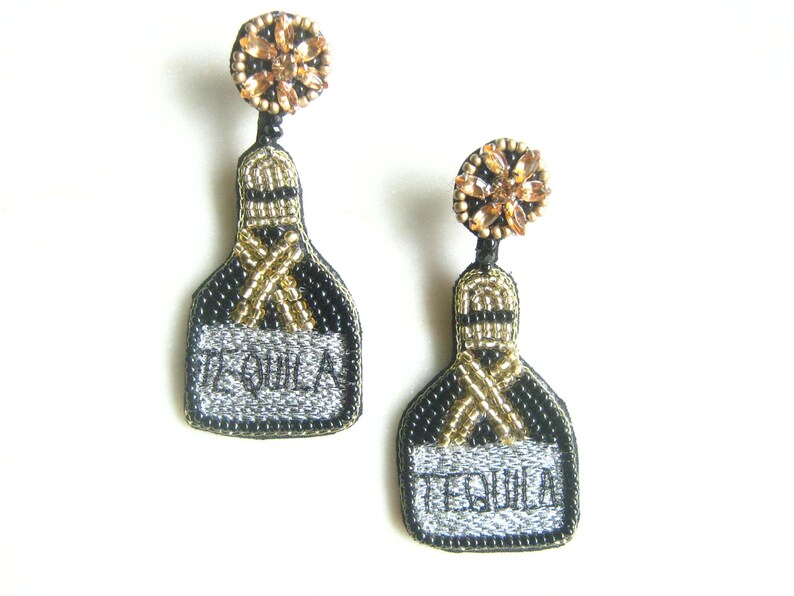 Tequila Bottle Beaded Earrings Black Seed Bead Earrings Etsy