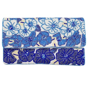 Bolso de mano con cuentas de semillas y flores azules y blancas, bolso bandolera, bolso de novia, bolsos Derby, bolsos de noche