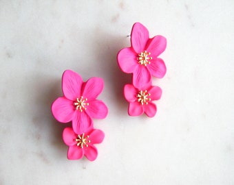 Hot pink flower drop earrings  - Statement earrings  - Boho Earrings, Wedding earrings, Bridal earrings, Summer earrings
