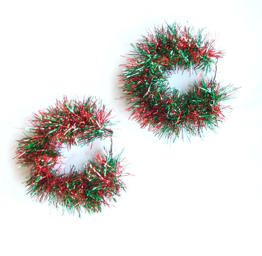 Red and Green Tinsel Hoop Earrings Large Dramatic Statement Earrings