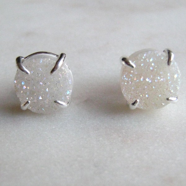 White Aurora Druzy Studs  - Stud Earrings, Druzy earrings, Natural druzy earrings - 10 mm studs