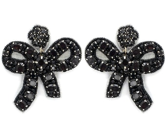 Black Bow Seed Beaded Earrings -  Holiday earrings, Seed bead earrings, Bridal earrings