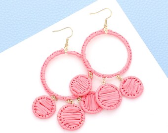 Coral pink raffia drop earrings - Statement earrings, Gifts for her, Summer earrings