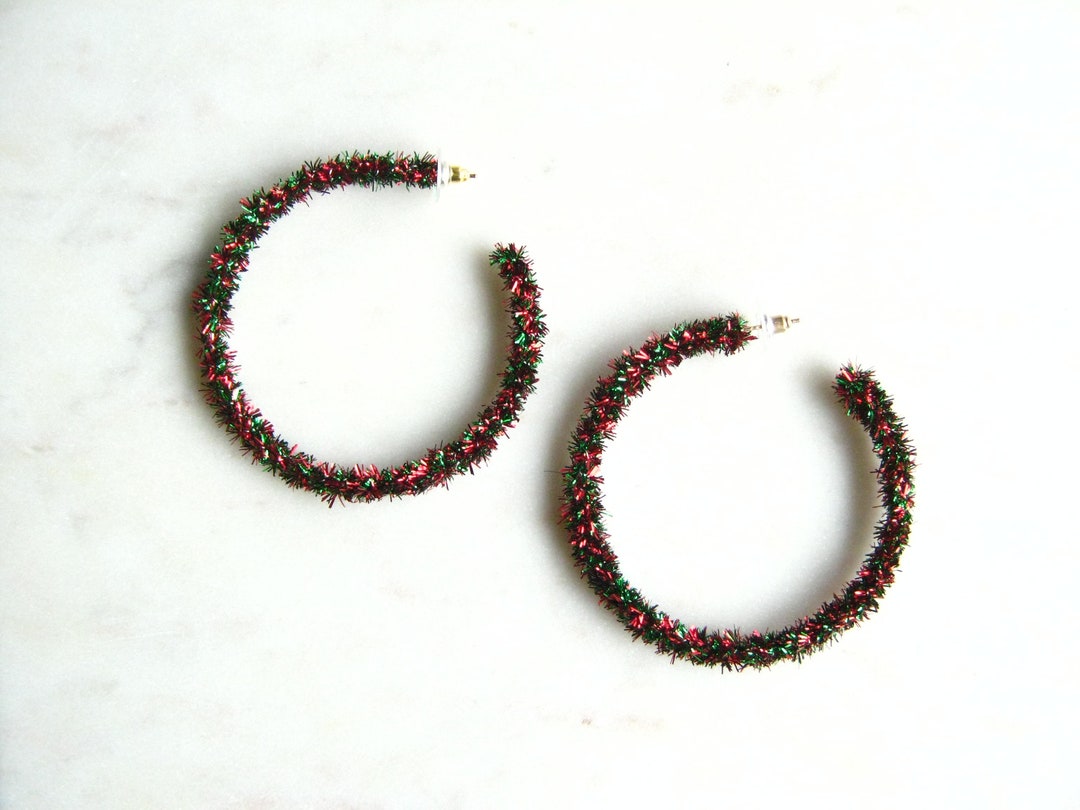 Red and Green Tinsel Hoop Earrings Large Dramatic Statement Earrings