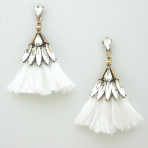 White Tassel Earrings with clear crystals, Boho Earrings, Statement earrings, Wedding earrings, Bridesmaid earrings, Gemstone earrings