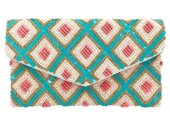 Blue, gold and coral seed beaded crossbody bag,  Clutch bag, Bridal bag, Evening handbags, Special Occasion bags