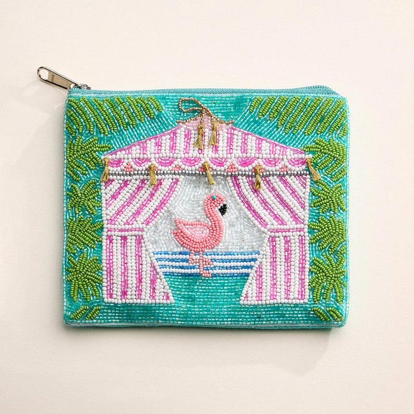 Flamingo Cabana Palm seed beaded coin purse, Summer bags, Gifts for her