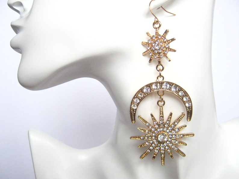 Long drop earrings Bridesmaid earrings Gemstone earrings Moon and Star Crystal Drop Earrings Large statement earrings