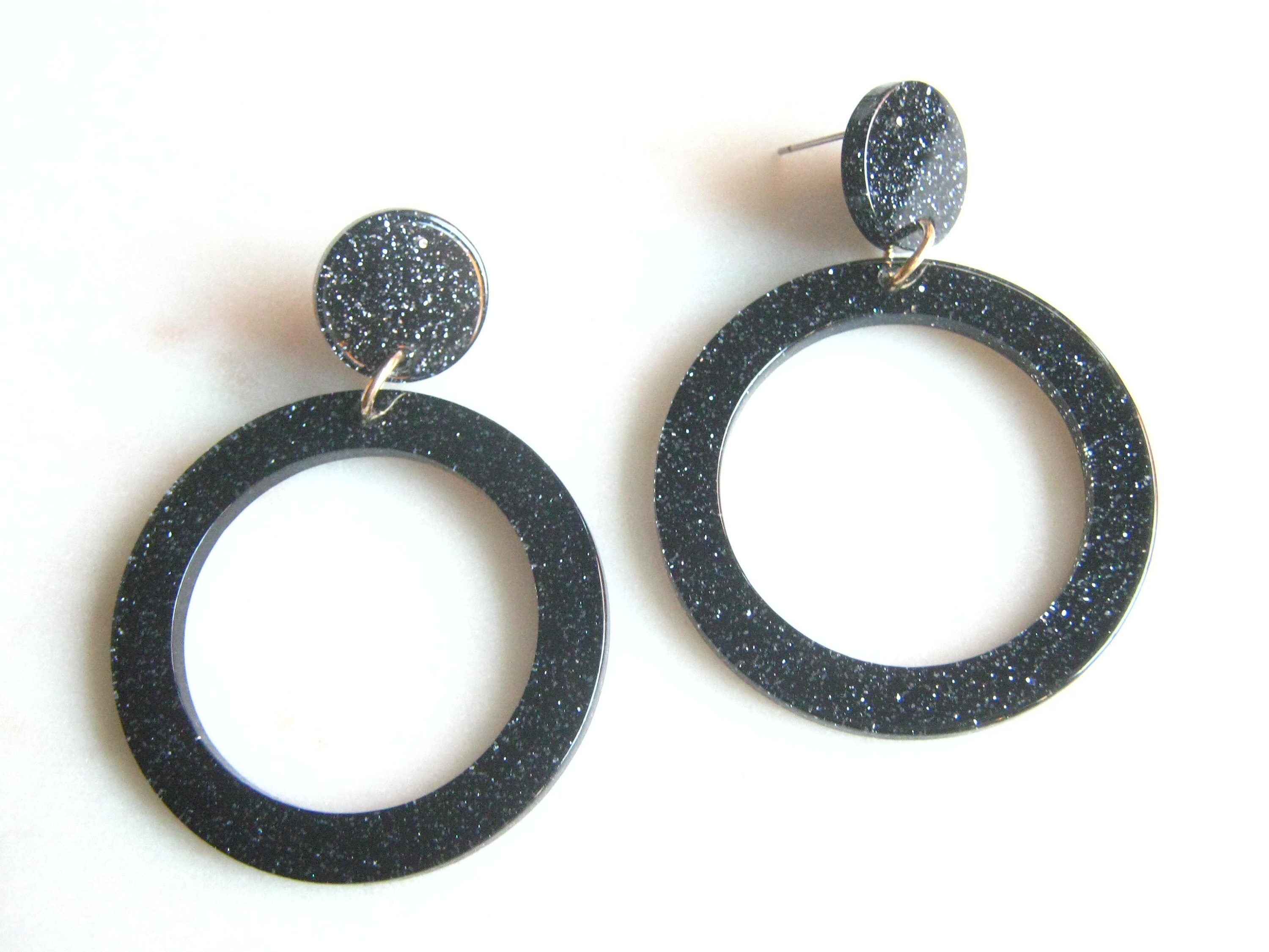 Black sparkle earrings Circle drop statement earrings Etsy