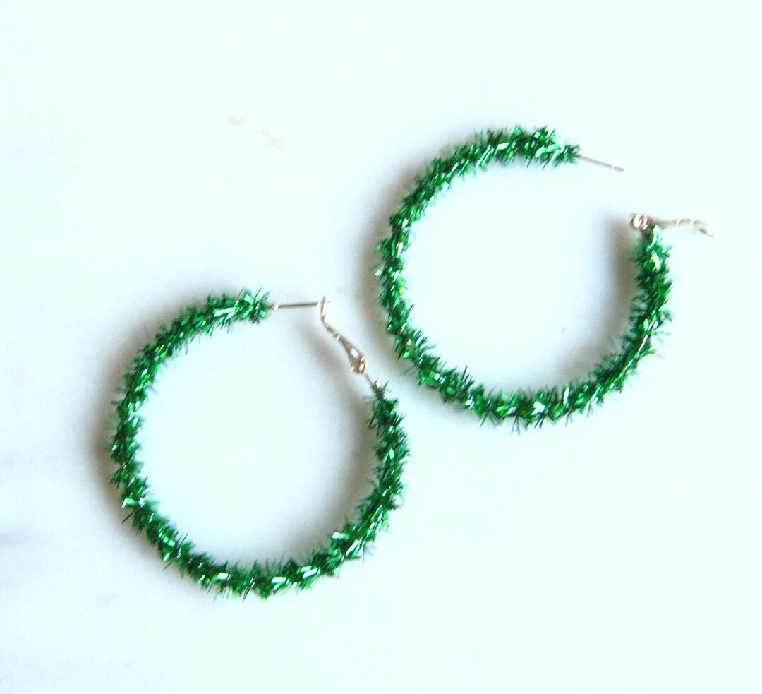 Green Tinsel Hoop Earrings Large Statement Earrings, Holiday Earrings