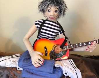 Girl guitarist cloth art pixie doll, handmade OOAK,soft sculpture,gift for her what the elf doll