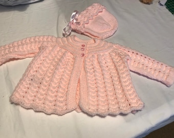 Hand knit baby girl matinee outfit, jacket and hat