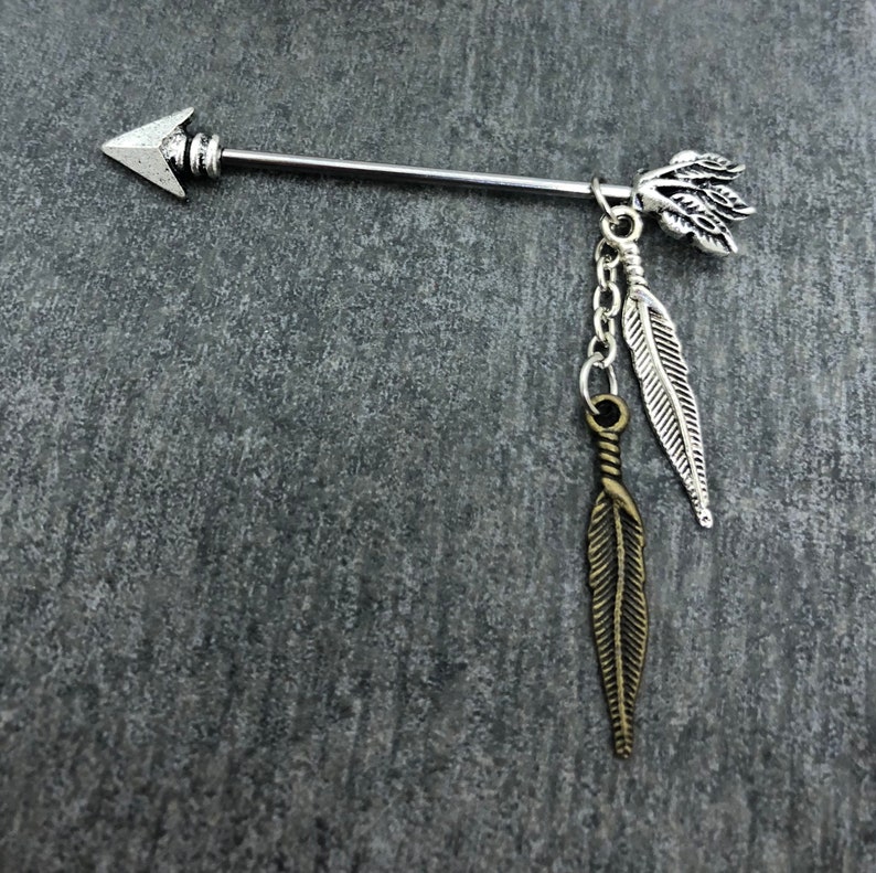 Arrow Feathers IndustrialScaffold barbell 14 gauge stainless steel body jewelry Native American Tribal