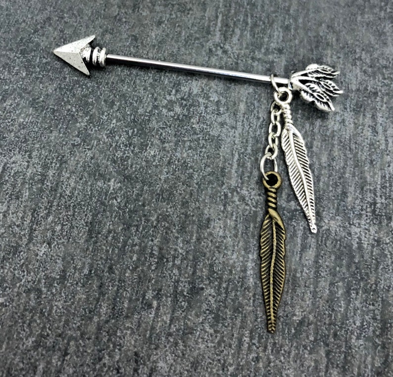 Arrow Feathers IndustrialScaffold barbell 14 gauge stainless steel body jewelry Native American Tribal