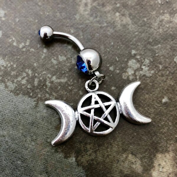 Triple goddess moon pentagram belly button ring, 14 gauge stainless steel belly navel ring, body jewelry