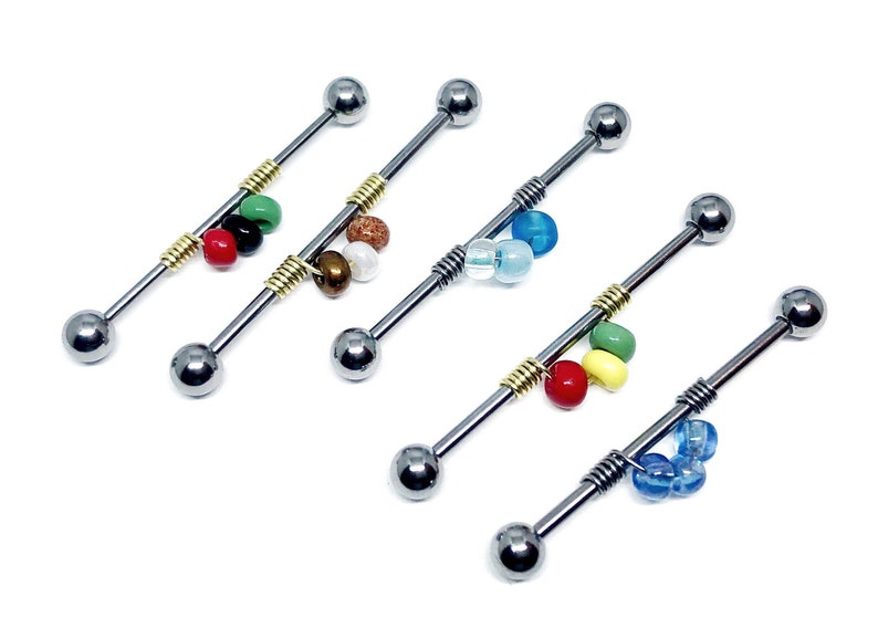 Industrial barbell,piercing earring beaded wire wrapped 14 16 gauge stainless steel body jewelry