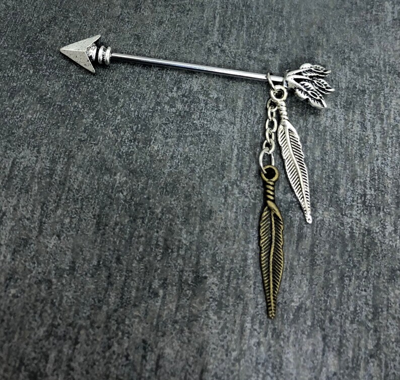 Arrow Feathers IndustrialScaffold barbell 14 gauge stainless steel body jewelry Native American Tribal