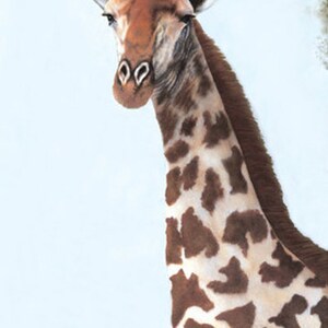 May include: A painting of a giraffe with a brown and white spotted pattern. The giraffe is looking to the left of the image. The background is a light blue color with a few green leaves in the bottom right corner. The artist's signature is in the bottom left corner.