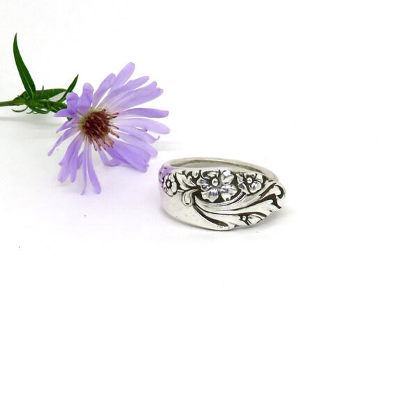 Elegant Floral Silver Spoon Ring, Narrow Evening Star Spoon Ring
