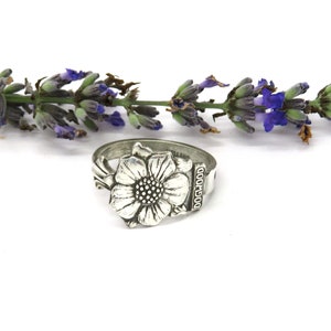 Dogwood blossom  silver spoon ring, Narrow Floral spoon ring,  British Columbia ring,  Handmade silver spoon rings