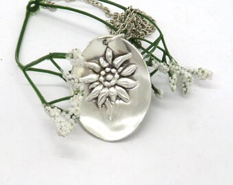 Edelweiss silver  necklace, Silver Floral spoon necklace, Handmade spoon jewelry necklace