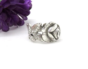 Beauty Rose silver spoon ring, Wide floral spoon ring , Handmade spoon ring