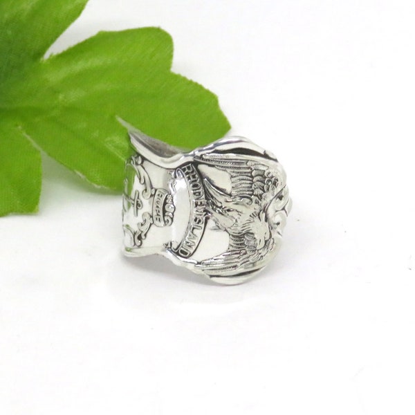 Rhode Island silver spoon ring, Ocean state spoon ring, Patriotic Silver Eagle spoon ring, Vintage silver spoon rings