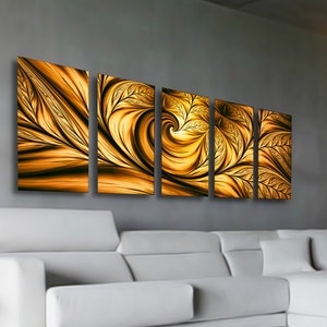 Gold Metal Contemporary Large Wall Art Photo Print Vibrant Golden Leaf Abstract
