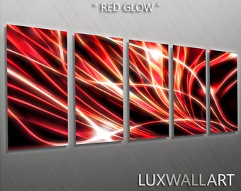 Huge Red Glow Contemporary Abstract Lines Metal Wall Art Crazy Pattern