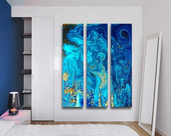 Liquid Blue Dreams Large Vertical Thin Panel Metal Abstract Wall Art