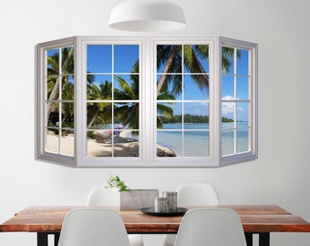 Ventana vista a la playa con palmos decoración de la pared