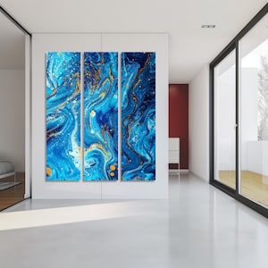 Arte de pared abstracto de metal con paneles verticales delgados y grandes de Liquid Blue Dreams