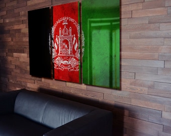 Triptych Afghanistan Flag hanging Rustic Worn Metal Wall Art Grunge