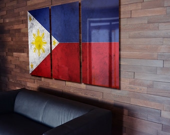 Triptych Philippine Flag hanging Rustic Worn Metal Wall Art Grunge