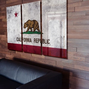 Triptych California state Flag hanging Rustic Worn Metal Wall Art Grunge