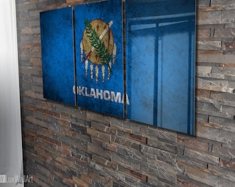 Triptych Oklahoma State Flag hanging Rustic Worn Metal Wall Art Grunge