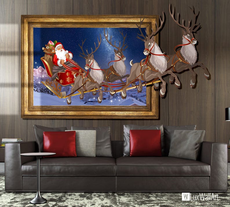 Santa Claus and Reindeer 3D Illusion Metal Wall Art Decor Etsy