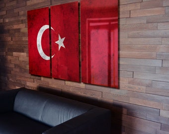 Tríptico Bandera de Turquía colgando Rústico Desgastado Pared De pared Arte Grunge