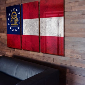 Triptych Georgia State Flag hanging Rustic Worn Metal Wall Art Grunge