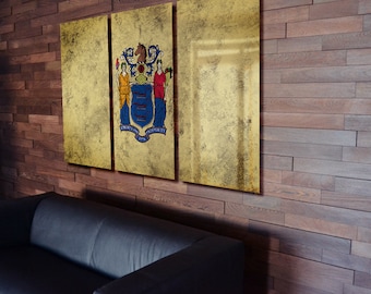 Triptych New Jersey State Flag hanging Rustic Worn Metal Wall Art Grunge