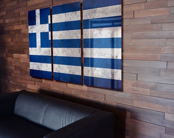 Tríptico Grecia Bandera colgante Rústico Desgastado Pared De pared Grunge