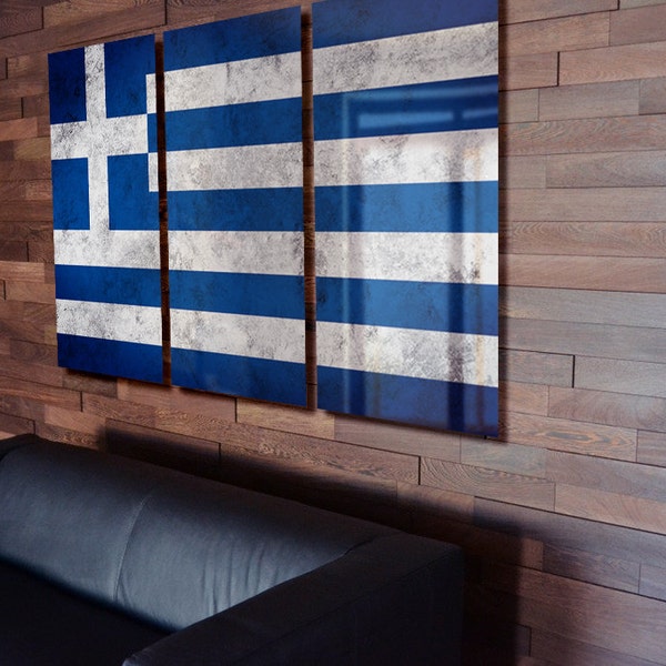 Triptych Greece Flag hanging Rustic Worn Metal Wall Art Grunge