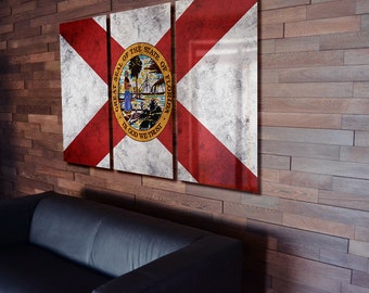 Triptych Florida state Flag hanging Rustic Worn Metal Wall Art Grunge